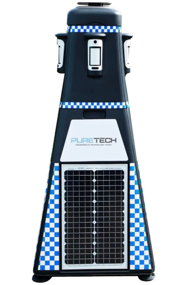 PureTech RapiDetect solar powered rapid deployment CCTV towerProduct image of the PureTech RapiDetect rapid deployment CCTV tower, featuring an integrated solar panel and security detection equipment. Suitable for construction site CCTV, temporary CCTV, vacant property security and remote site monitoring pages.