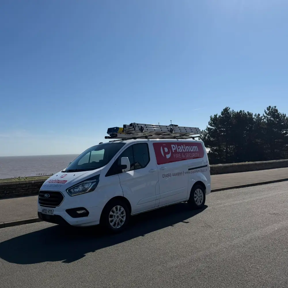 Platinum Fire & Security service van parked beside a coastal road.
